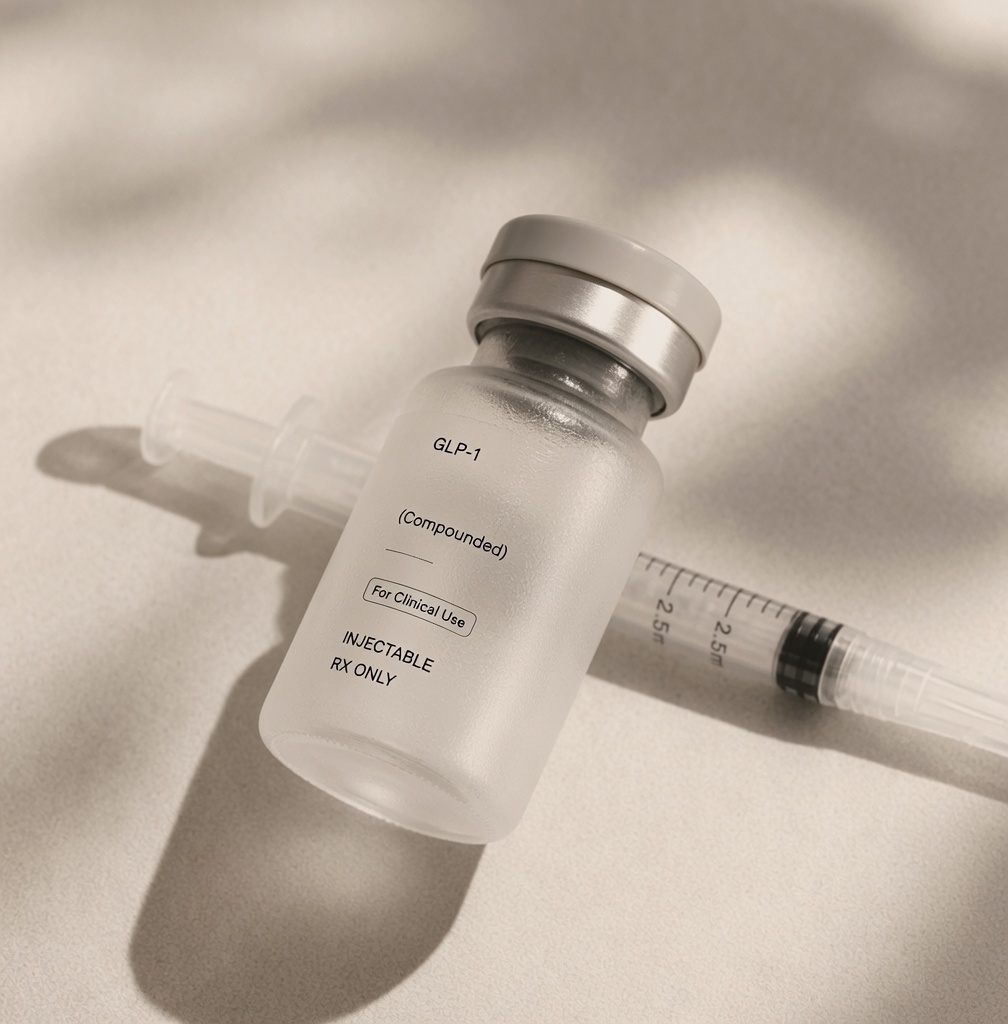 GLP-1 (Compounded) medication vial resting across a syringe on a warm cream surface